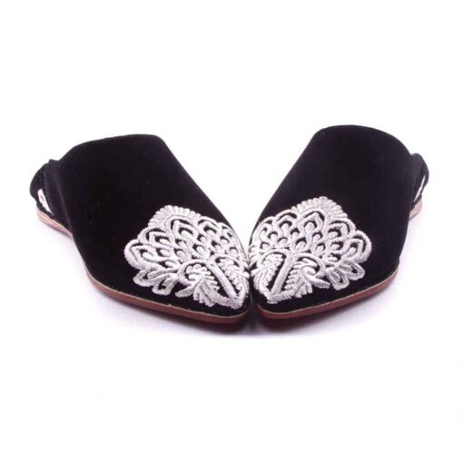 Babouche Fleur Velours Noir Brodées En Soie Blanche mode femme 2021. - Image 2